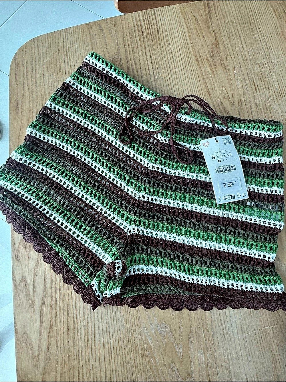 Zara Striped Crochet Shorts in Green, Brown & White Size Small NWT
